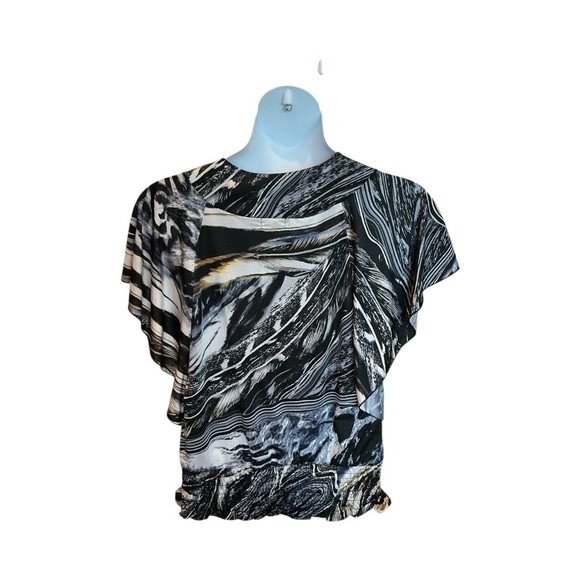 Cocomo Beaded Scoop Neck Batwing Top | Black Silver Marble Print | Size L - Picture 4 of 7